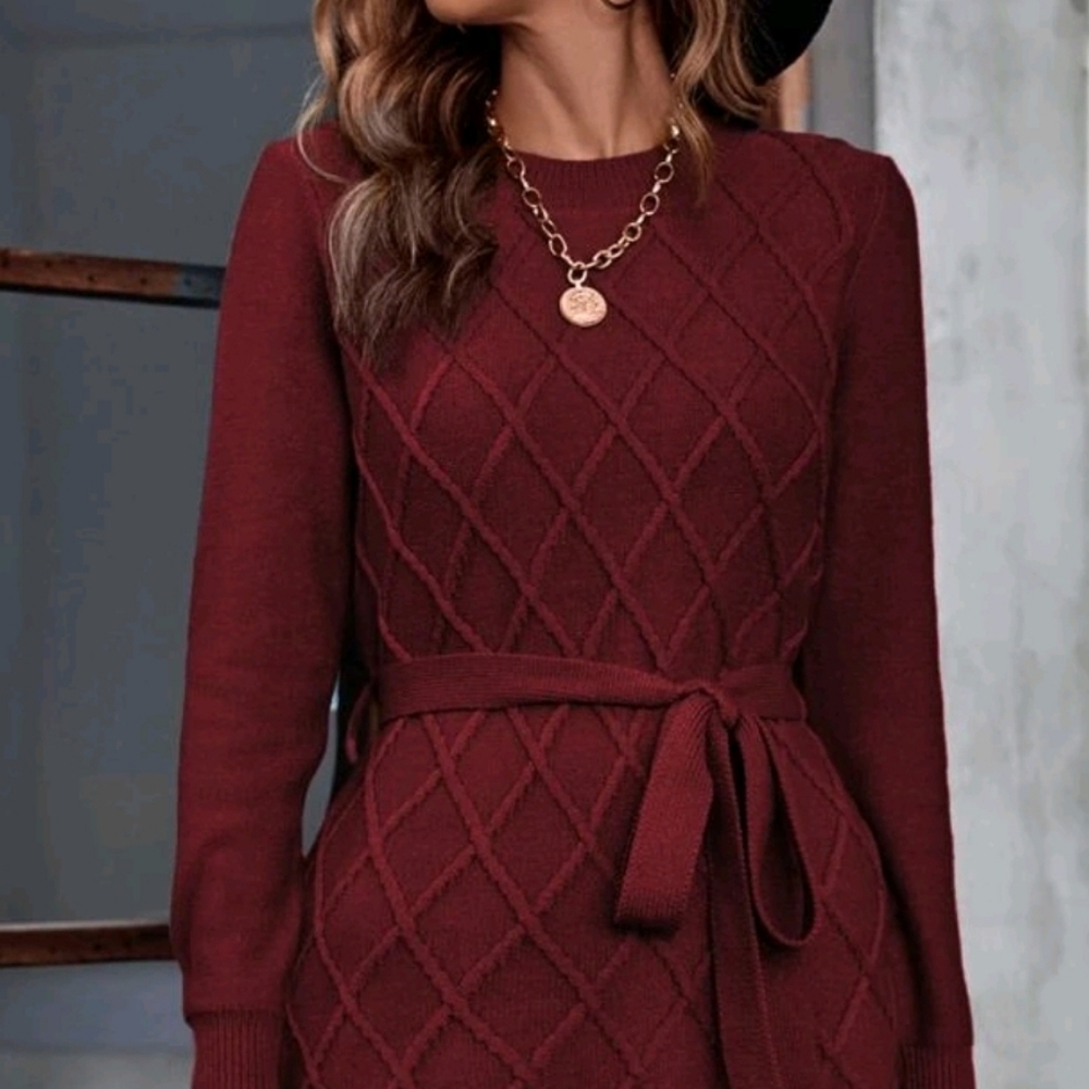 New Chic Textured Argyle Knit Sweater Dress Belt Long Sleeve Burgundy Red - Picture 7 of 9